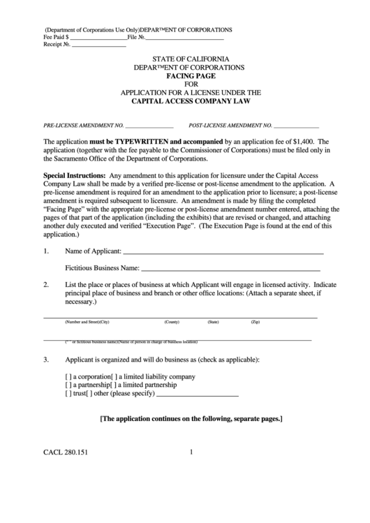 Form Cacl 280.151 - Facing Page For Application For A License Under The Capital Access Company Law Printable pdf