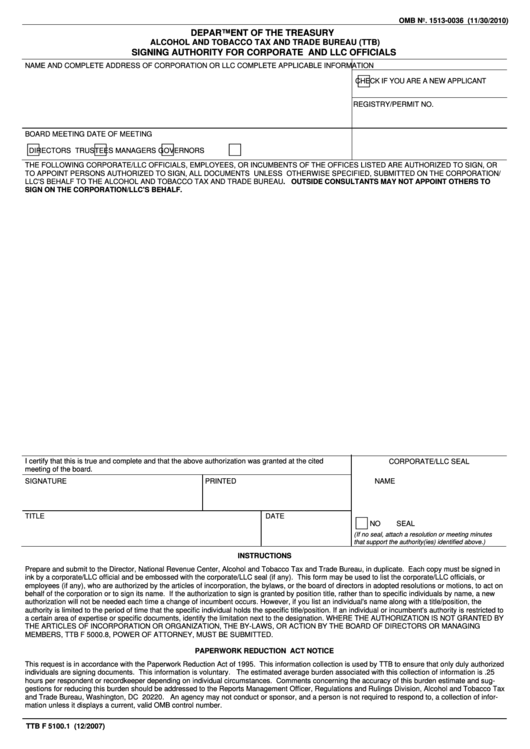 Fillable Form Ttb F 5100.1 - Signing Authority For Corporate And Llc Officials Printable pdf
