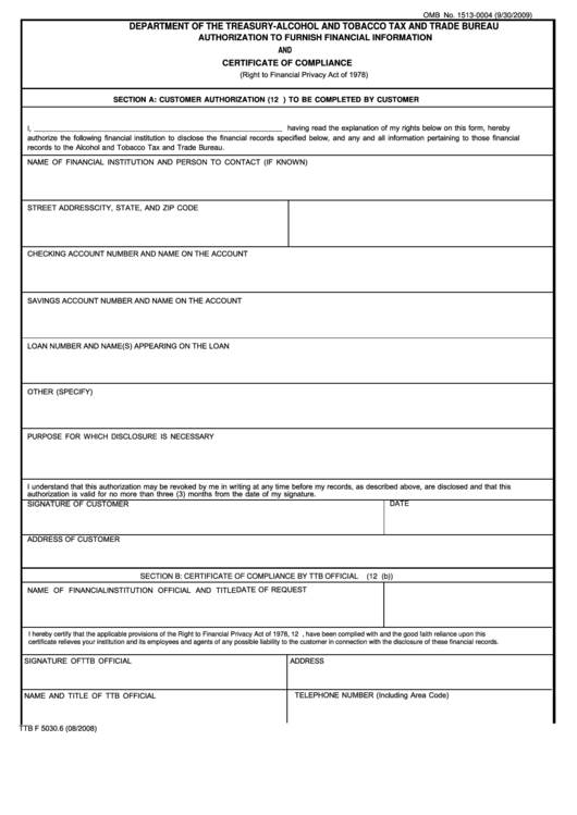 Fillable Form Ttb F 5030.6 - Authorization To Furnish Financial Information And Certificate Of Compliance Printable pdf