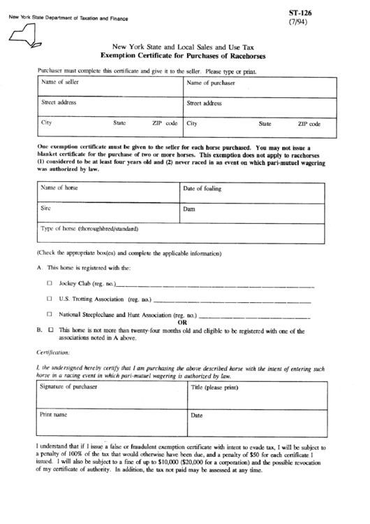 Form St-126 - Exemption Certificate For Purchases Of Racehorses Printable pdf