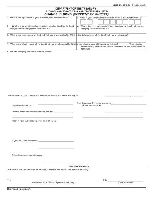 Fillable Form Ttb F 5000-18 - Change In Bond (Consent Of Surety) Printable pdf