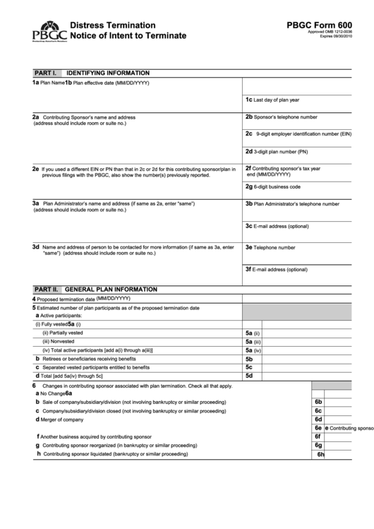 Pbgc Form 600 - Distress Termination Notice Of Intent To Terminate Printable pdf