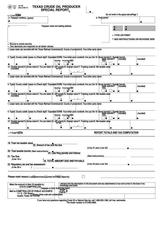 Fillable Form 10-140 - Texas Crude Oil Producer Special Report Printable pdf