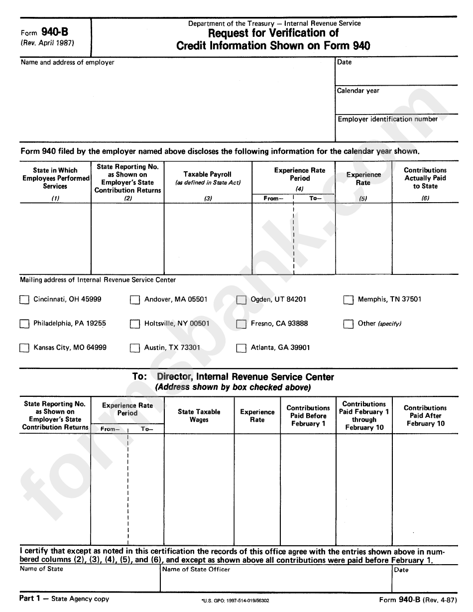 Form 940-B - Request For Verification Of Credit Information Shown On Form 940