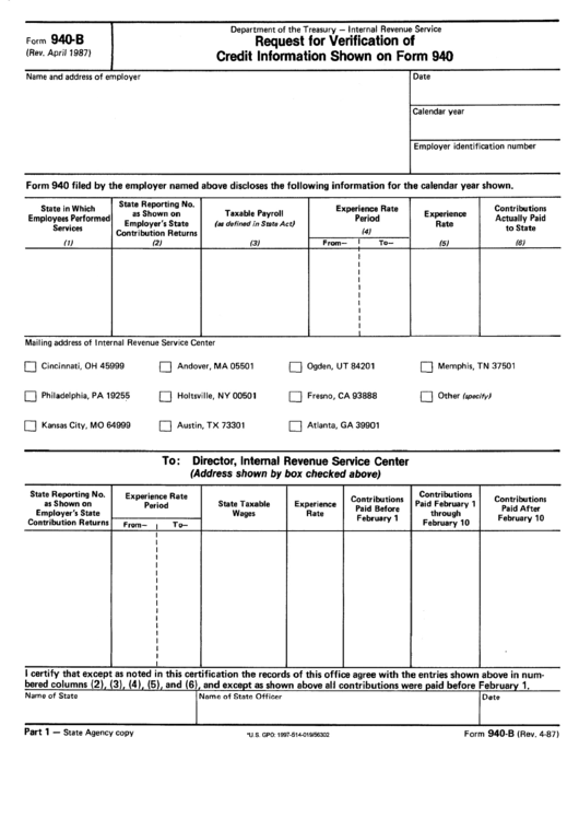 Form 940-B - Request For Verification Of Credit Information Shown On Form 940 Printable pdf