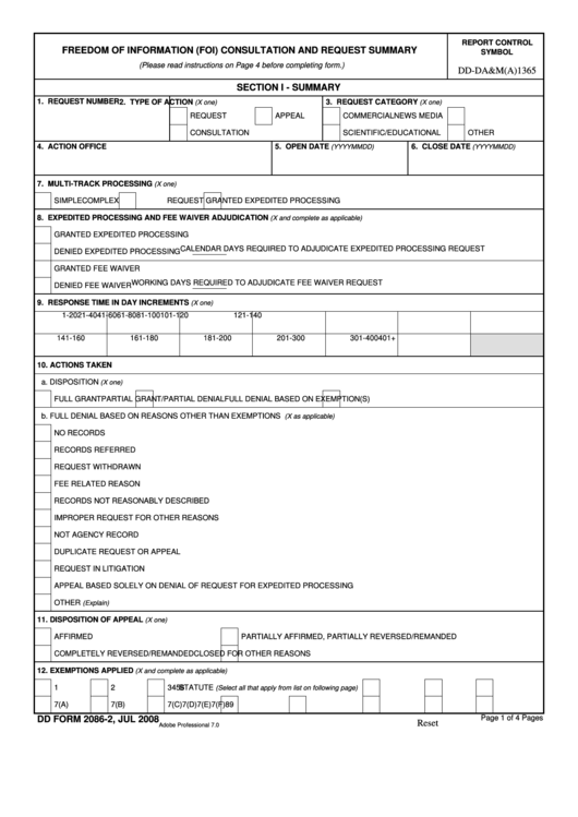 Fillable Dd Form 2086-2 - Freedom Of Information (Foi) Consultation And Request Summary Printable pdf