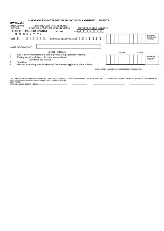 Fillable Form Mw506 Am - Maryland Employer Report Of Income Tax Withheld Printable pdf