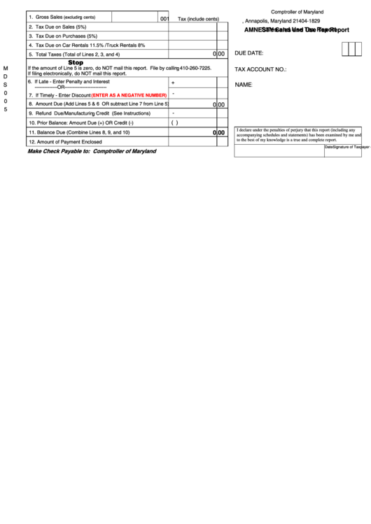 Fillable Amnesty Sales And Use Tax Report - City Of Annapolis Printable pdf