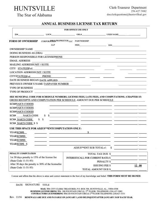 Fillable Annual Business License Tax Return - City Of Huntsville Printable pdf