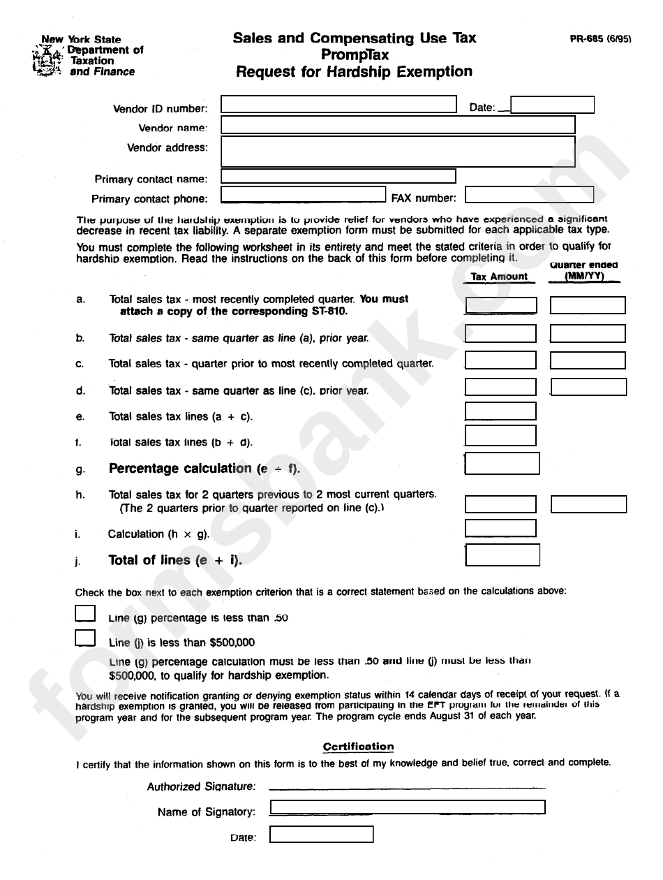 Form Pr-685 - Request For Hardship Exemption