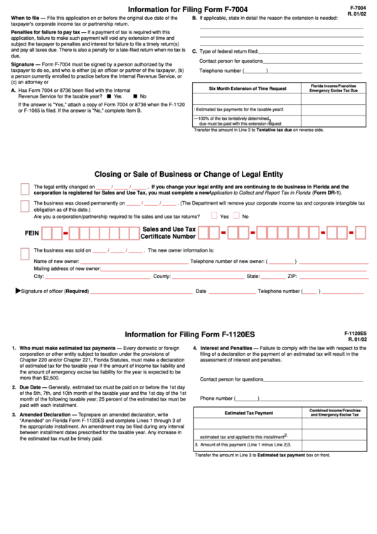 Form F-7004 - Closing Or Sale Of Business Or Change Of Legal Entity - 2002 Printable pdf