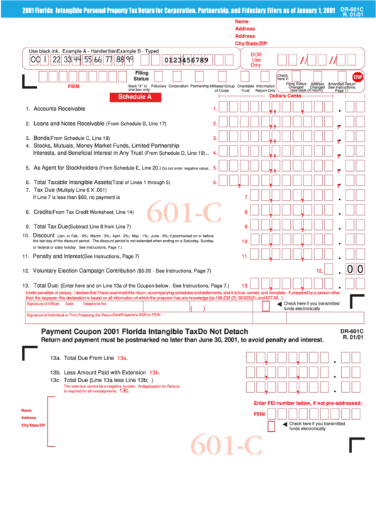 Form Dr-601c - Florida Intangible Personal Property Tax Return For Corporation, Partnership, And Fiduciary Filers - 2001 Printable pdf