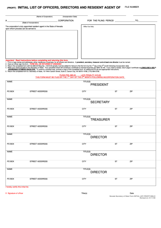 Form Initial List-Profit1999.01 - Initial List Of Officers, Directors And Resident Agent - Nevada Secretary Of State Printable pdf