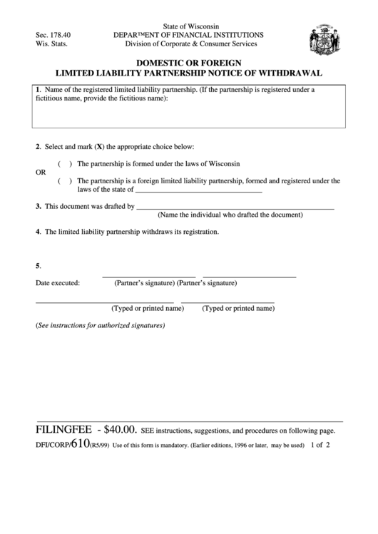 Form Dfi/corp/610i - Domestic Or Foreign Limited Liability Partnership Notice Of Withdrawal Printable pdf
