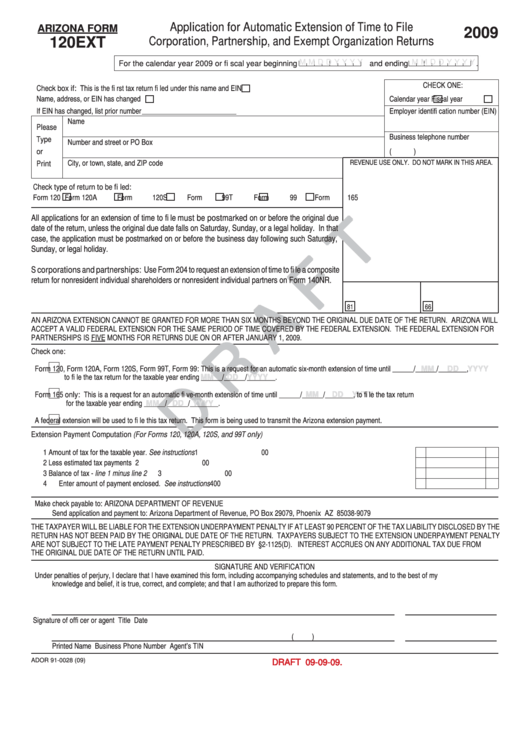 Arizona Form 120ext Draft - Application For Automatic Extension Of Time To File Corporation, Partnership, And Exempt Organization Returns - 2009 Printable pdf