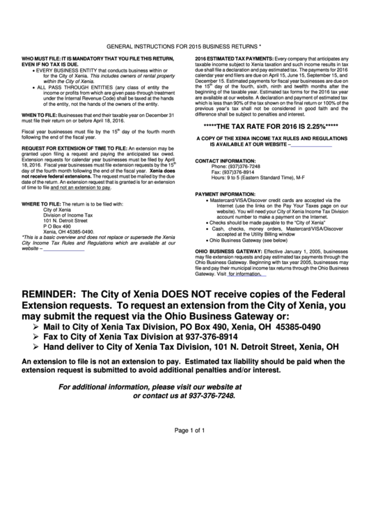 Form R-B - Business Income Tax Return - Xenia City - 2015 Printable pdf