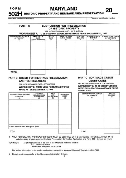 Form 502h - Historic Property And Heritage Area Preservation Printable pdf