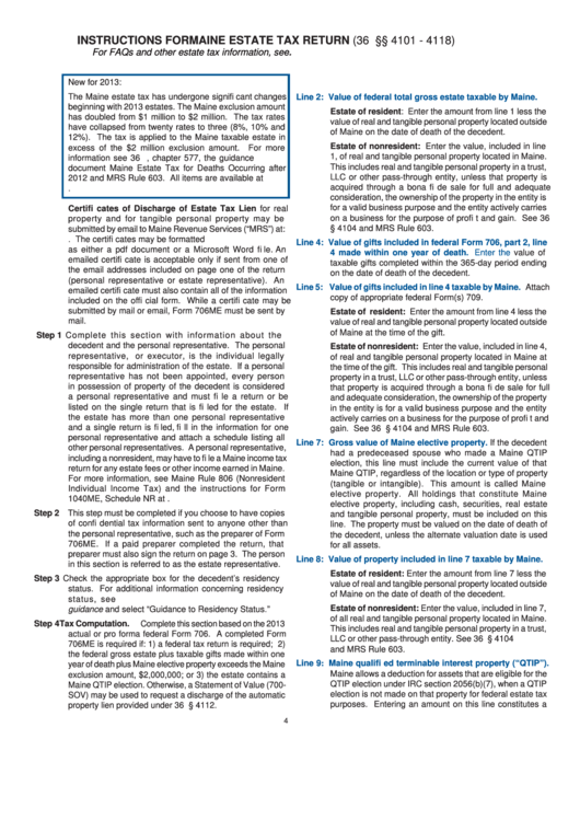 Instructions For Maine Estate Tax Return - 2013 Printable pdf