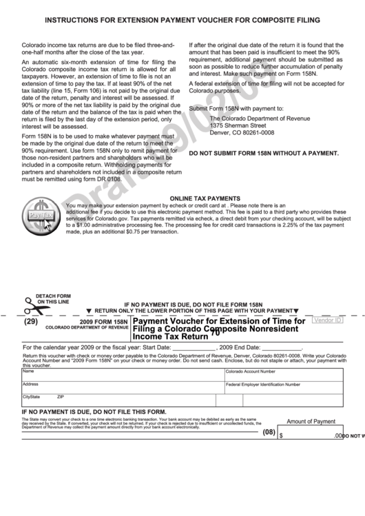 Form 158n Draft - Payment Voucher For Extension Of Time For Filing A Colorado Composite Nonresident Income Tax Return - 2009 Printable pdf