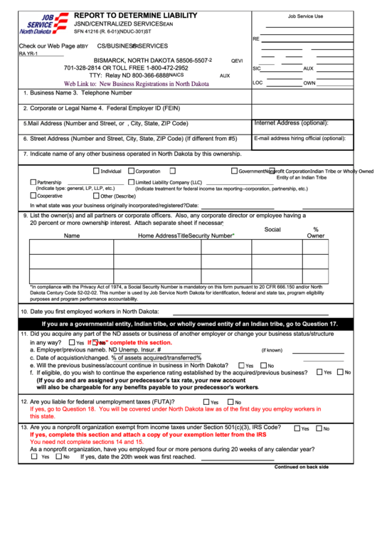 Fillable Form Sfn 41216 - Report To Determine Liability - 2001 Printable pdf