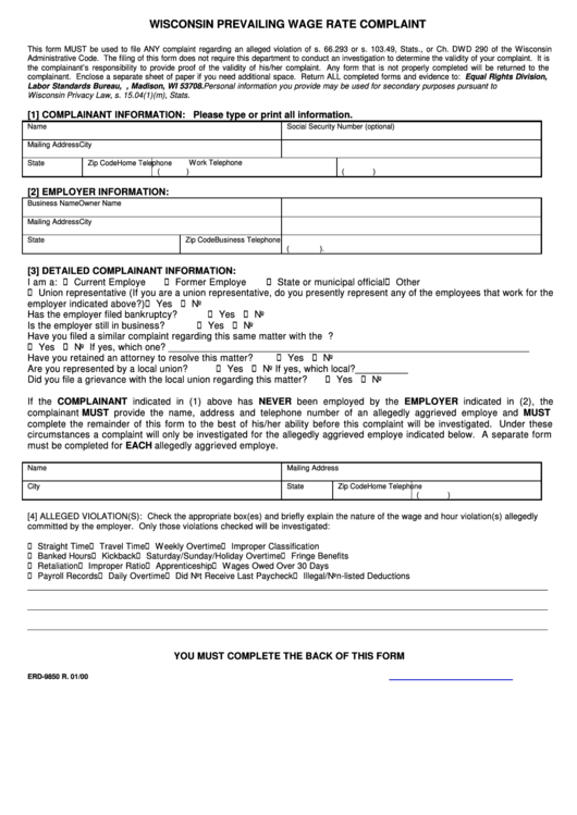 Form Erd-9850 - Wisconsin Prevailing Wage Rate Complaint - 2000 Printable pdf