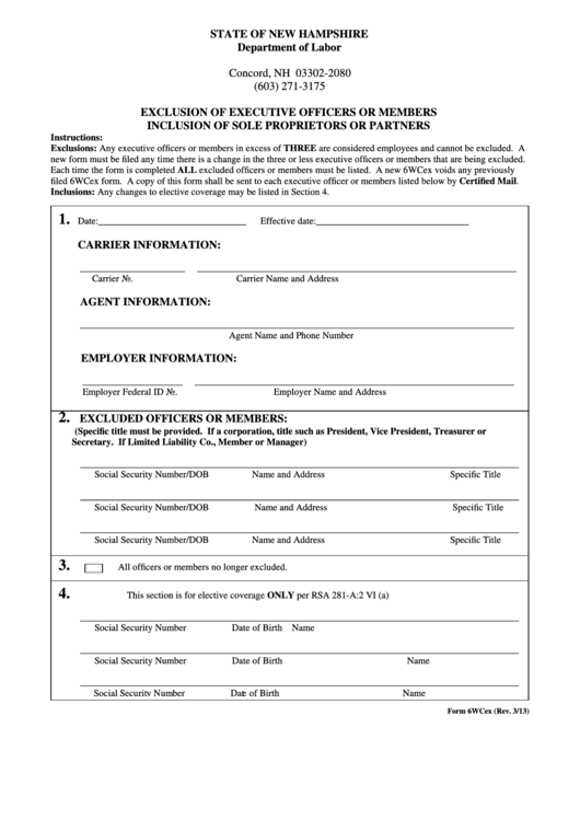 Fillable Form 6wcex - Exclusion Of Executive Officers Or Members Inclusion Of Sole Proprietors Or Partners Printable pdf