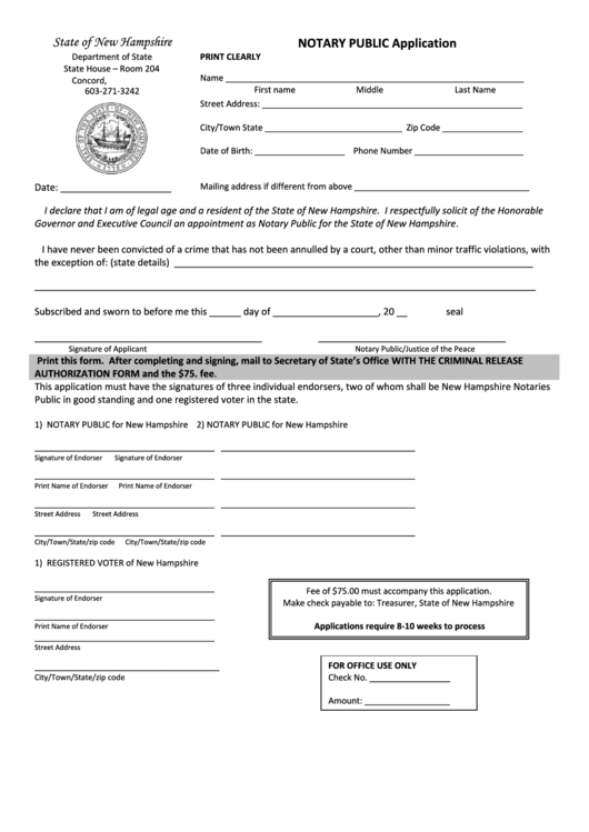 Notary Public Application / Criminal Record Release Authorization Form Printable pdf