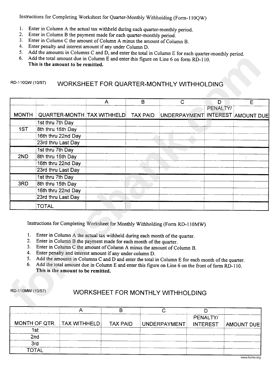 Form Rd-110qw - Worksheet For Quarter-Monthly Withholding