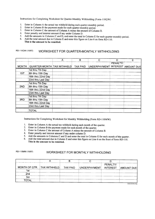 Form Rd-110qw - Worksheet For Quarter-Monthly Withholding Printable pdf