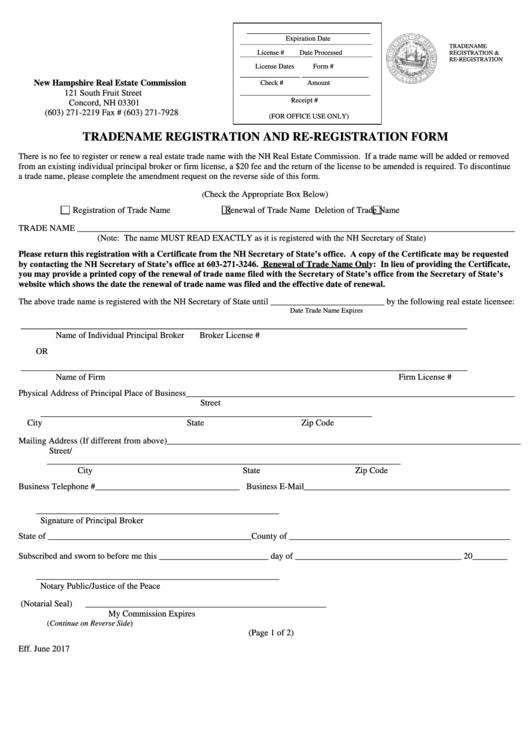 Tradename Registration And Re-registration Form - New Hampshire Real Estate Commission