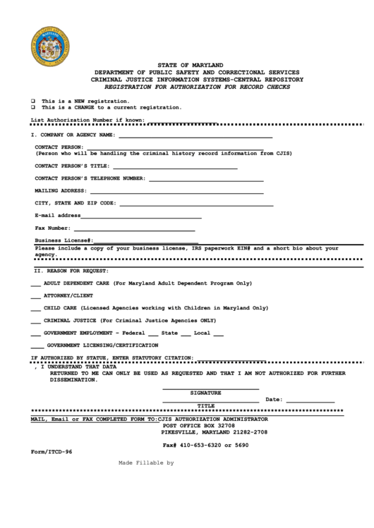 Fillable Form Itcd-96 - Registration For Authorization For Record Checks Printable pdf