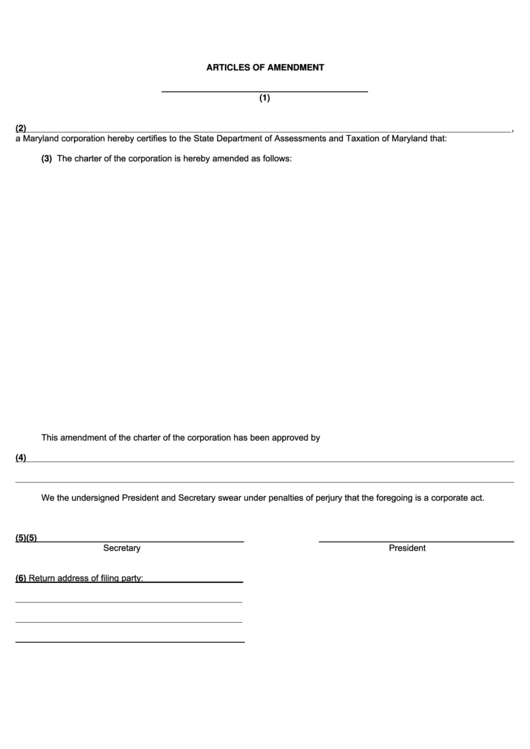 Articles Of Amendment - Corporations Printable pdf