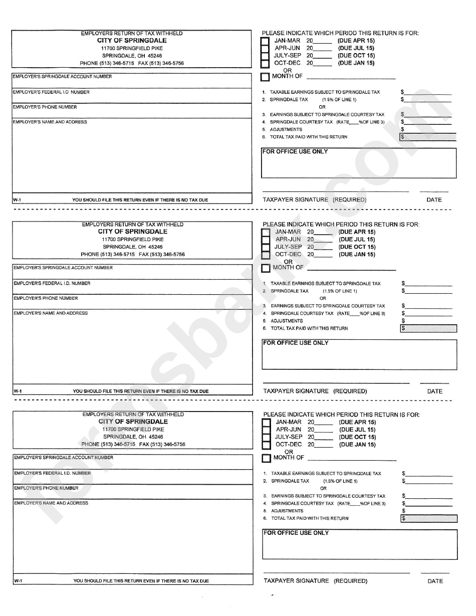 Form W-1 - Employers Return Of Tax Withheld - City Of Springdale