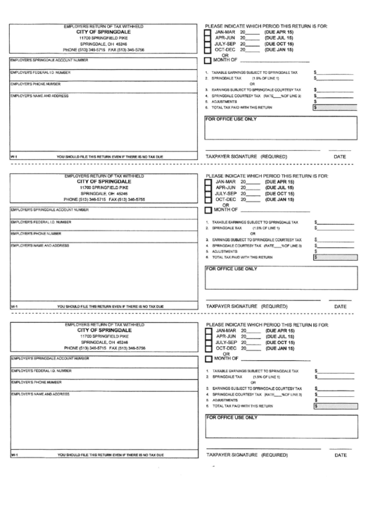 Form W-1 - Employers Return Of Tax Withheld - City Of Springdale Printable pdf