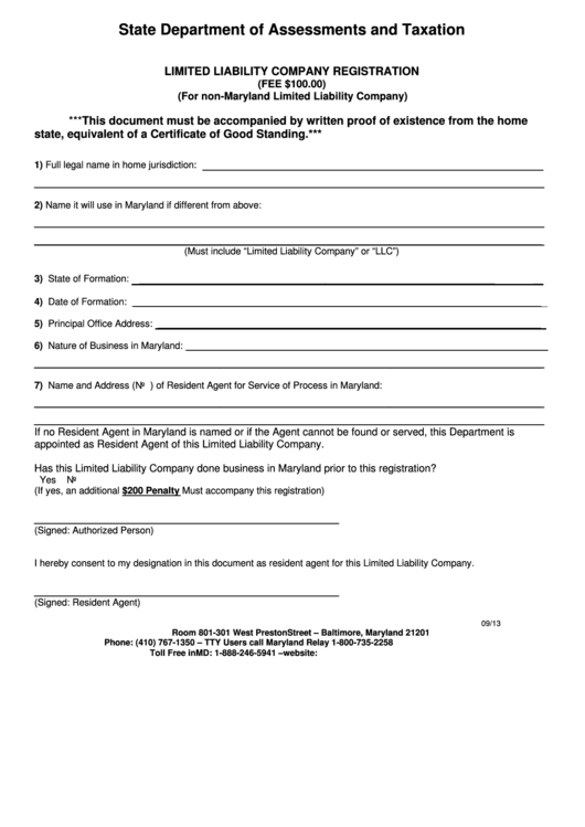 Limited Liability Company Registration (For Non-Maryland Limited Liability Company) Printable pdf