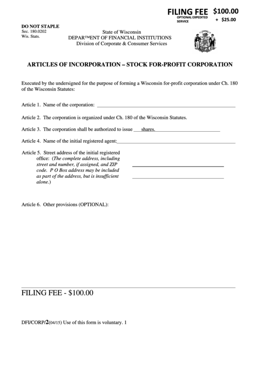 Fillable Form Dfi/corp/2 - Articles Of Incorporation - Stock For-Profit Corporation Printable pdf