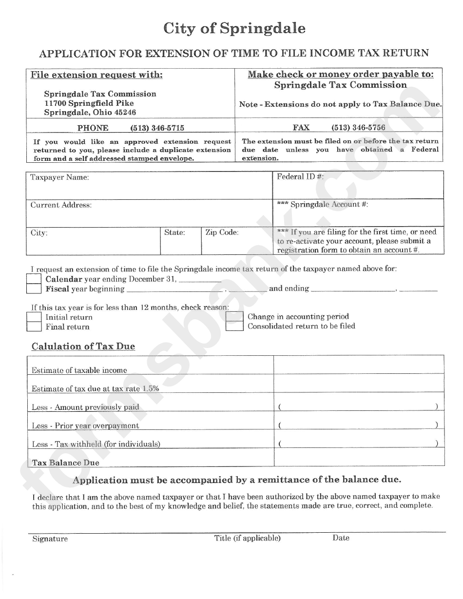 Application For Extension Of Time To File Income Tax Return - City Of Springdale