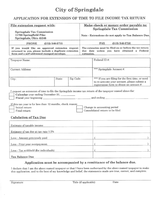 Application For Extension Of Time To File Income Tax Return - City Of Springdale Printable pdf