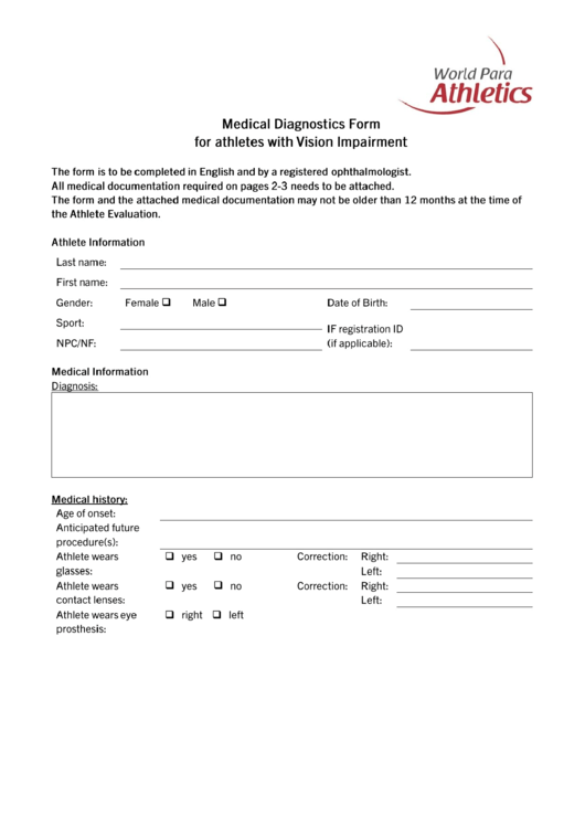 Fillable Medical Diagnostics Form For Athletes With Visual Impairment Printable pdf