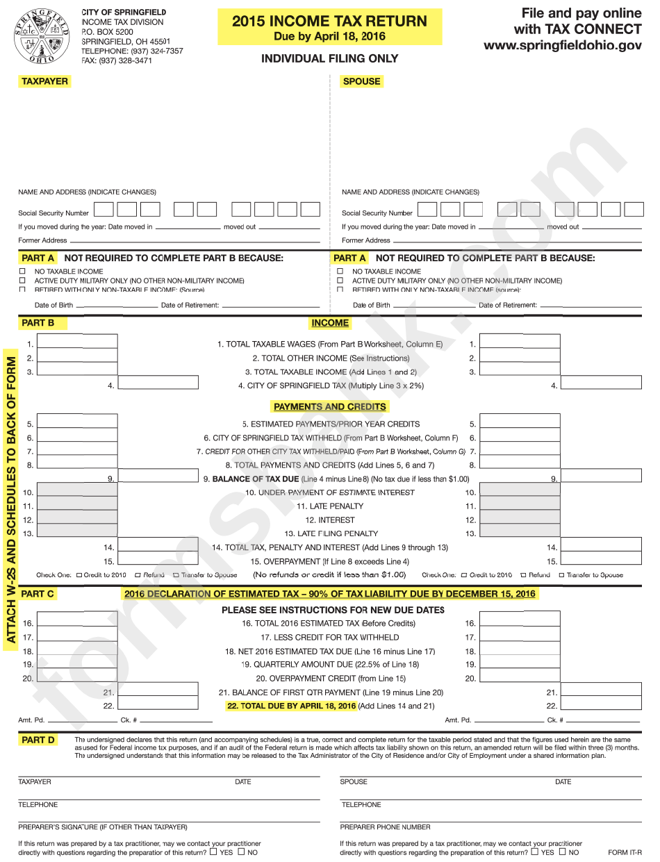 Form It-R - Income Tax Return - City Of Springfield - 2015