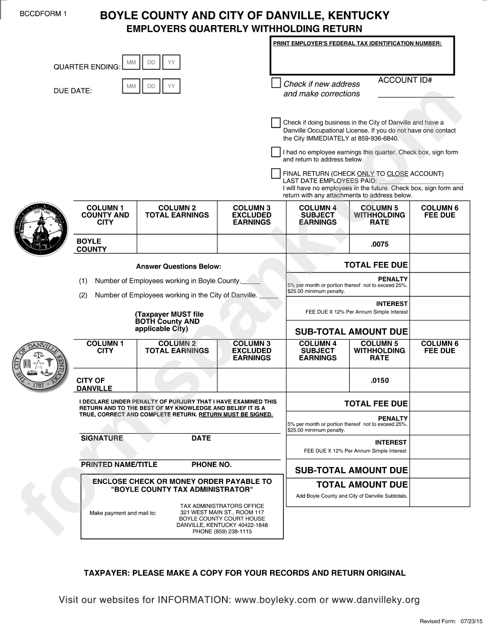 Bccd Form 1 - Employers Quarterly Withholding Return