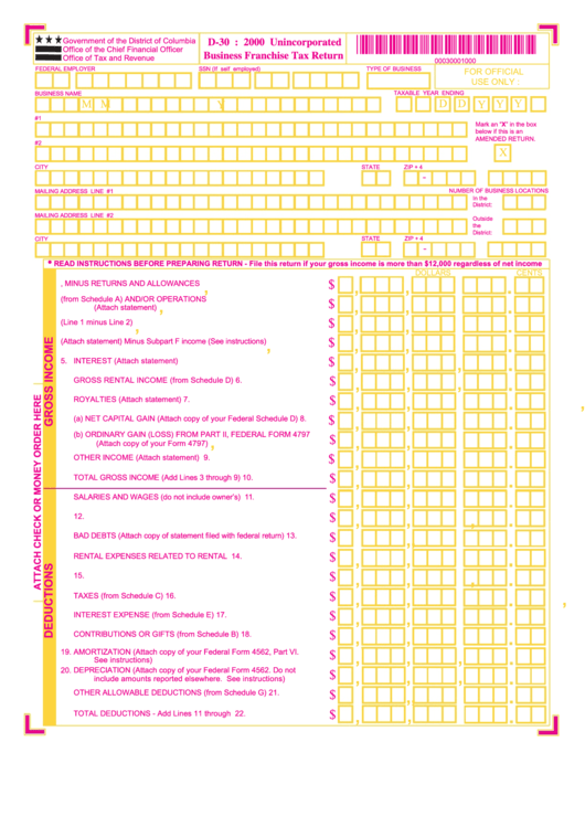 Form D-30 - Unincorporated Business Franchise Tax Return - 2000 Printable pdf