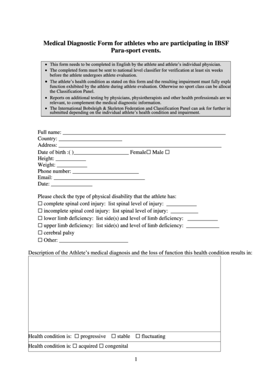 Medical Diagnostic Form For Athletes Who Are Participating In Ibsf Para-Sport Events Printable pdf
