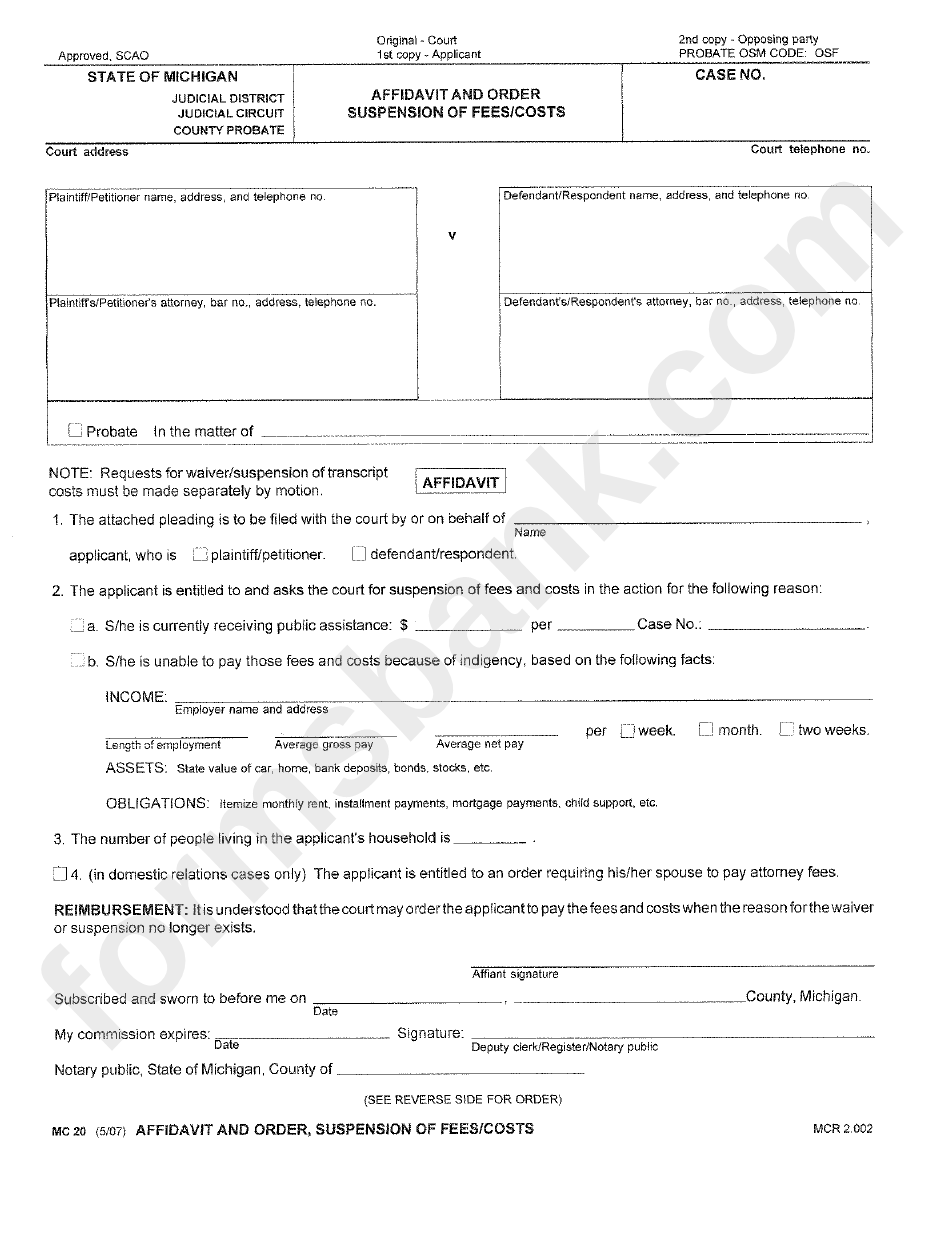 Form Mc 20 - Affidavit And Order, Suspension Of Fees/ Costs