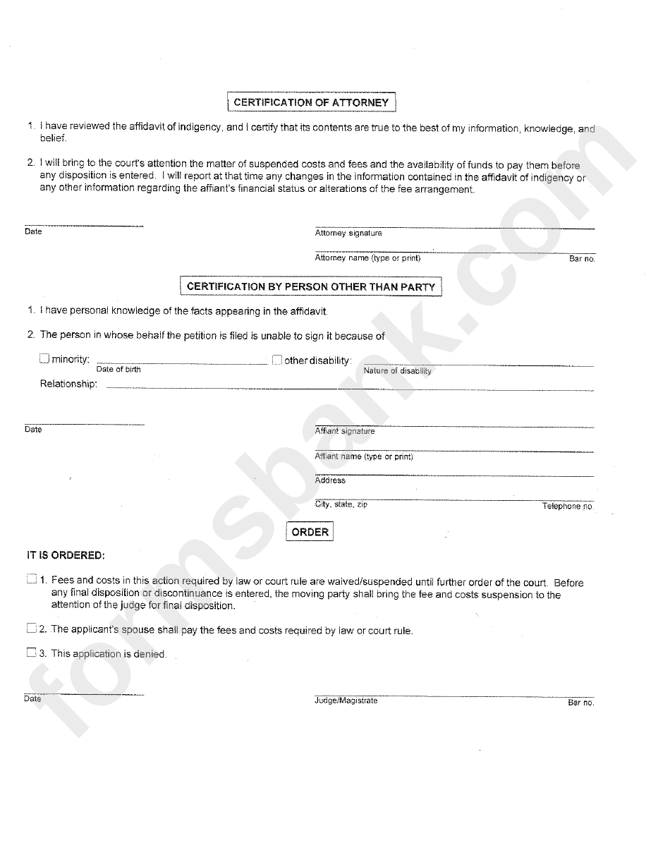 Form Mc 20 - Affidavit And Order, Suspension Of Fees/ Costs