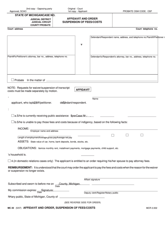 Fillable Form Mc 20 - Affidavit And Order Suspension Of Fees/costs Printable pdf
