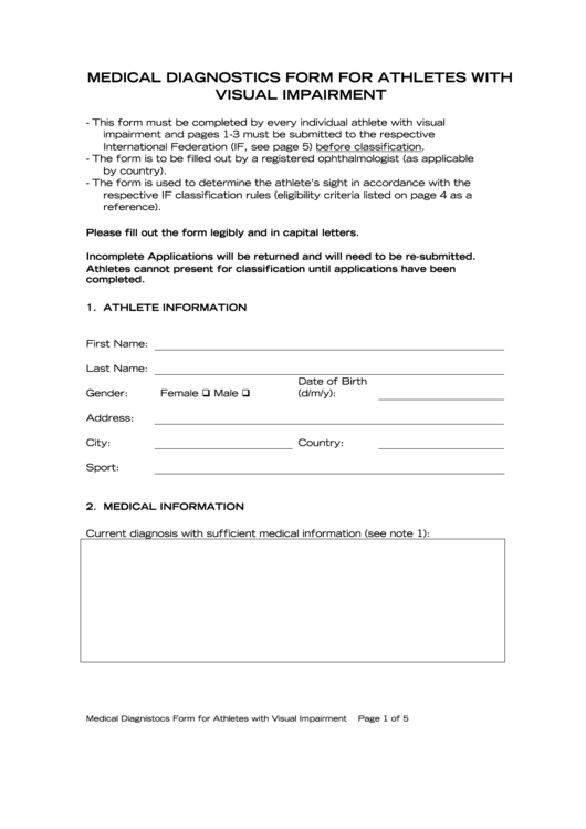 Medical Diagnostics Form For Athletes With Visual Impairment Printable pdf