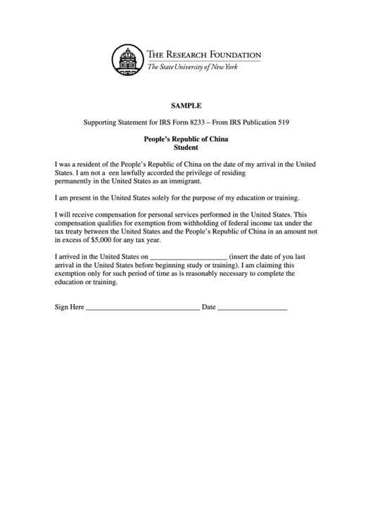 Irs Form 8233 - Sample Supporting Statement - Chinese Student Printable pdf