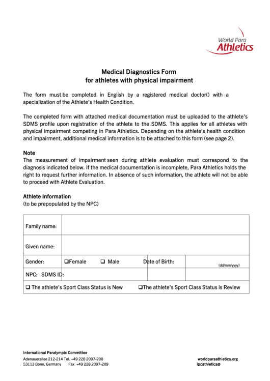 Fillable Medical Diagnostics Form For Athletes With Physical Impairment Printable pdf