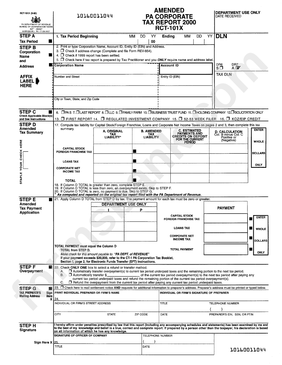 Form Rct-101x - Amended Pa Corporate Tax Report - 2000 printable pdf ...